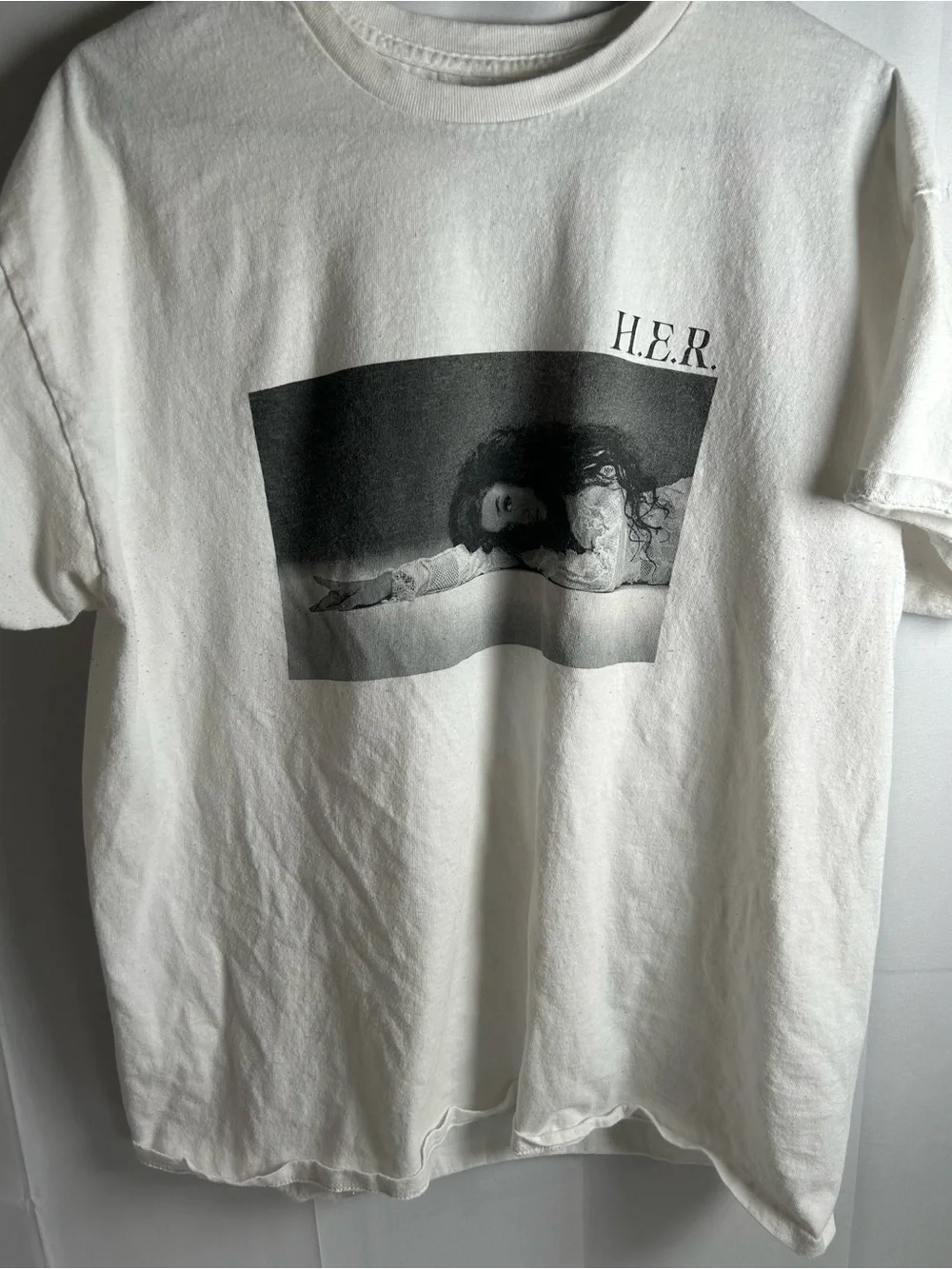 White Graphic Home Art Poster-Style Print Tee shirt of H.E.R.